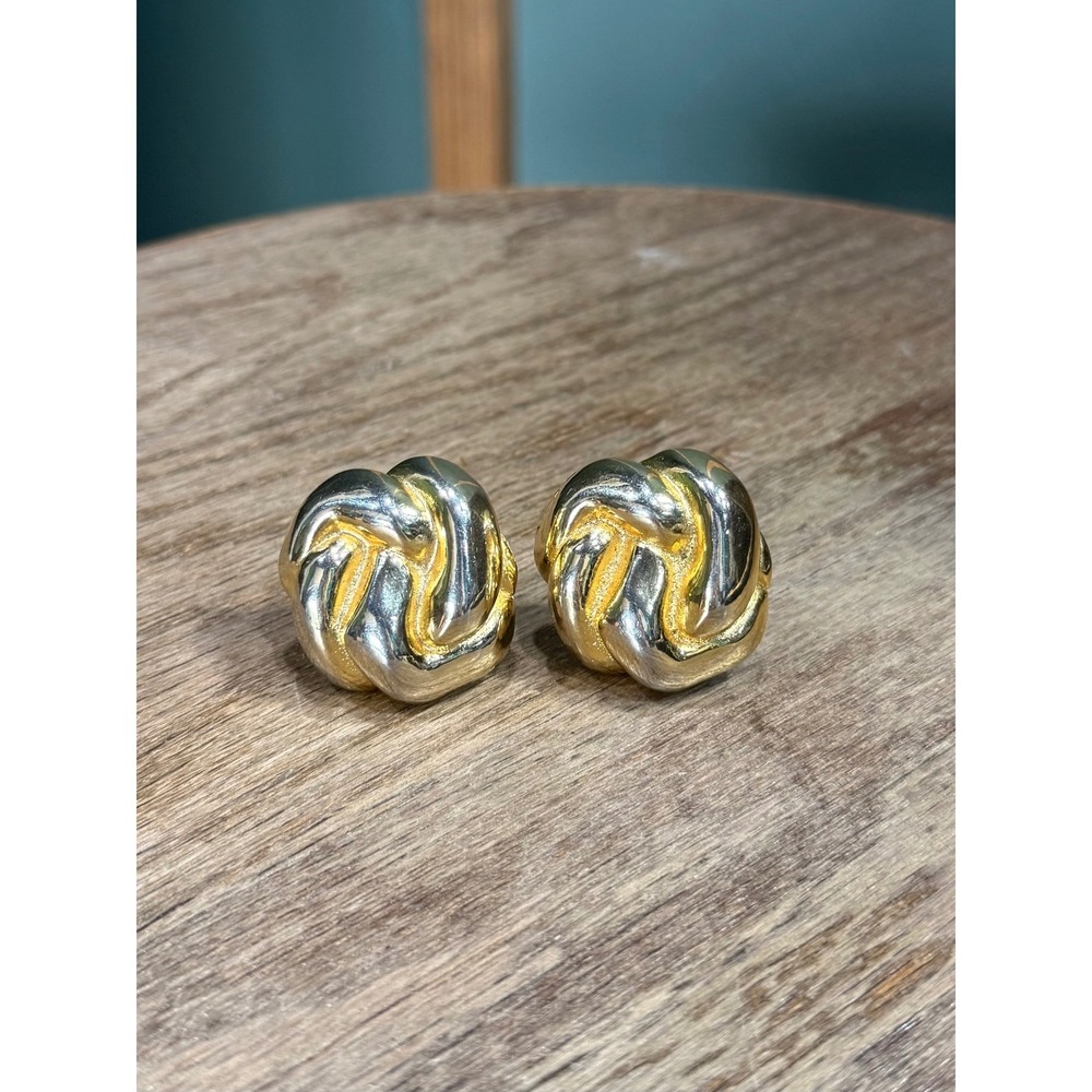 Vintage C Stein Two Tone Gold Silver Love Knot Clip On Statement Earrings Signed
